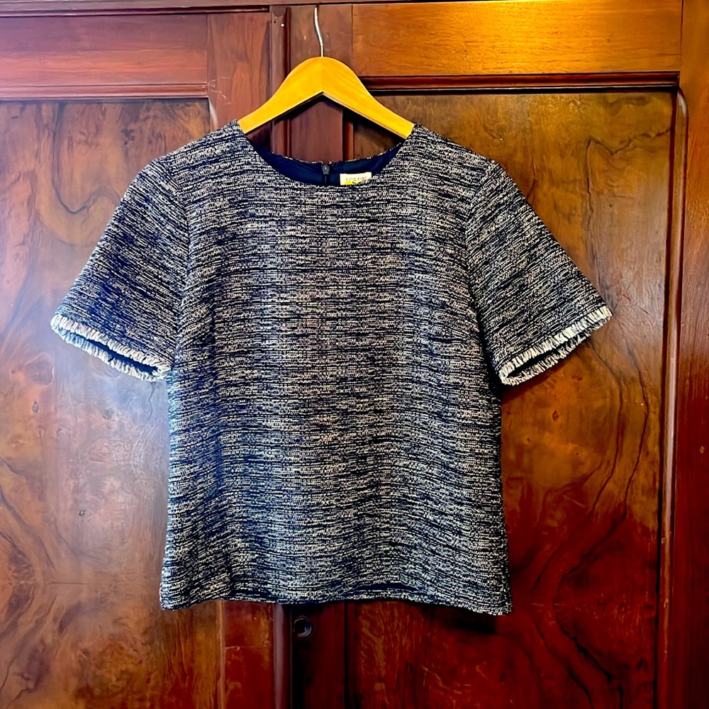 J.Crew Factory Tweed Short Sleeve Top Navy and White